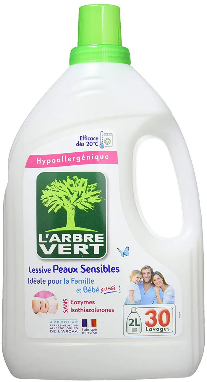 L'arbre vert Lessive Liquide Recharge pour Peau Sensible/Famille  Hypoallergénique 30 Lavages 2 L - Lot de 2